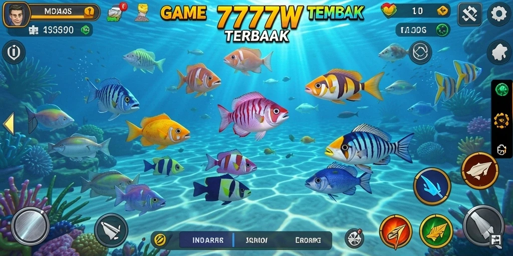 Tampilan gameplay seru dalam 7777W saat menembak ikan.