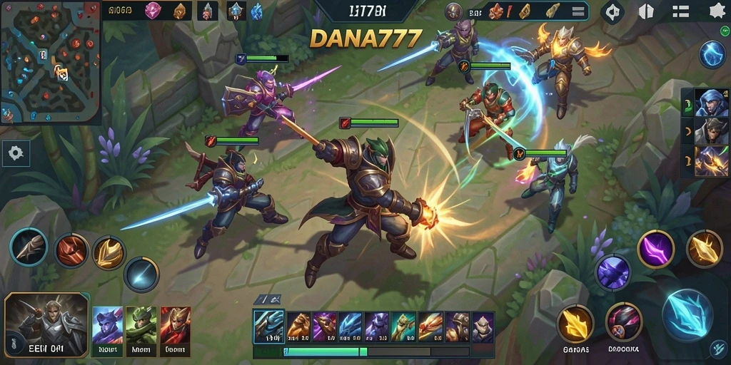 Screenshot gameplay DANA777 yang menampilkan aksi pertempuran MOBA.